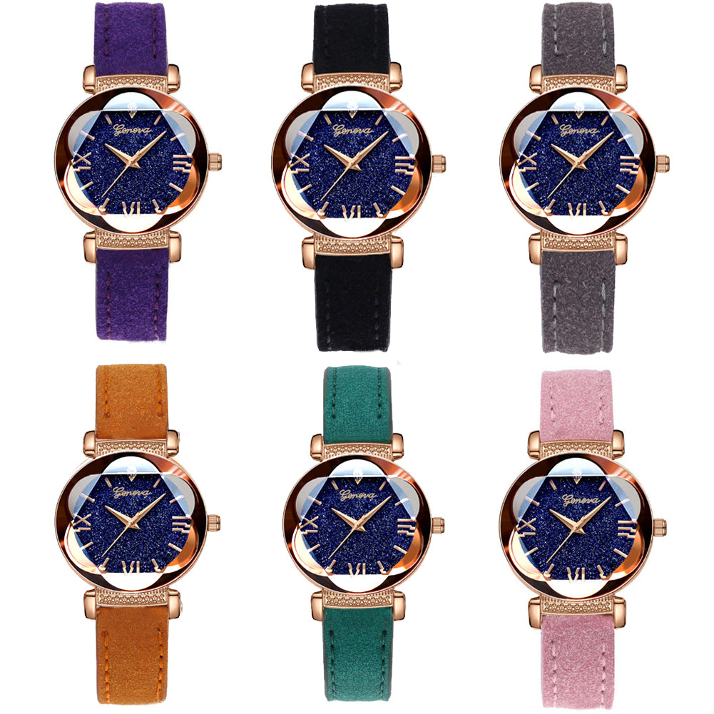 Fashion Women Shiny Round Dial Faux Leather Strap Analog Quartz Wrist Watch