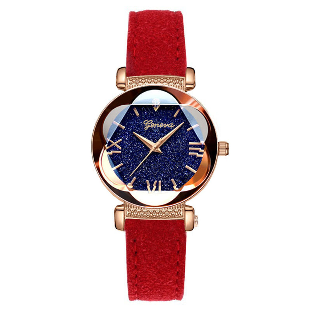 Fashion Women Shiny Round Dial Faux Leather Strap Analog Quartz Wrist Watch