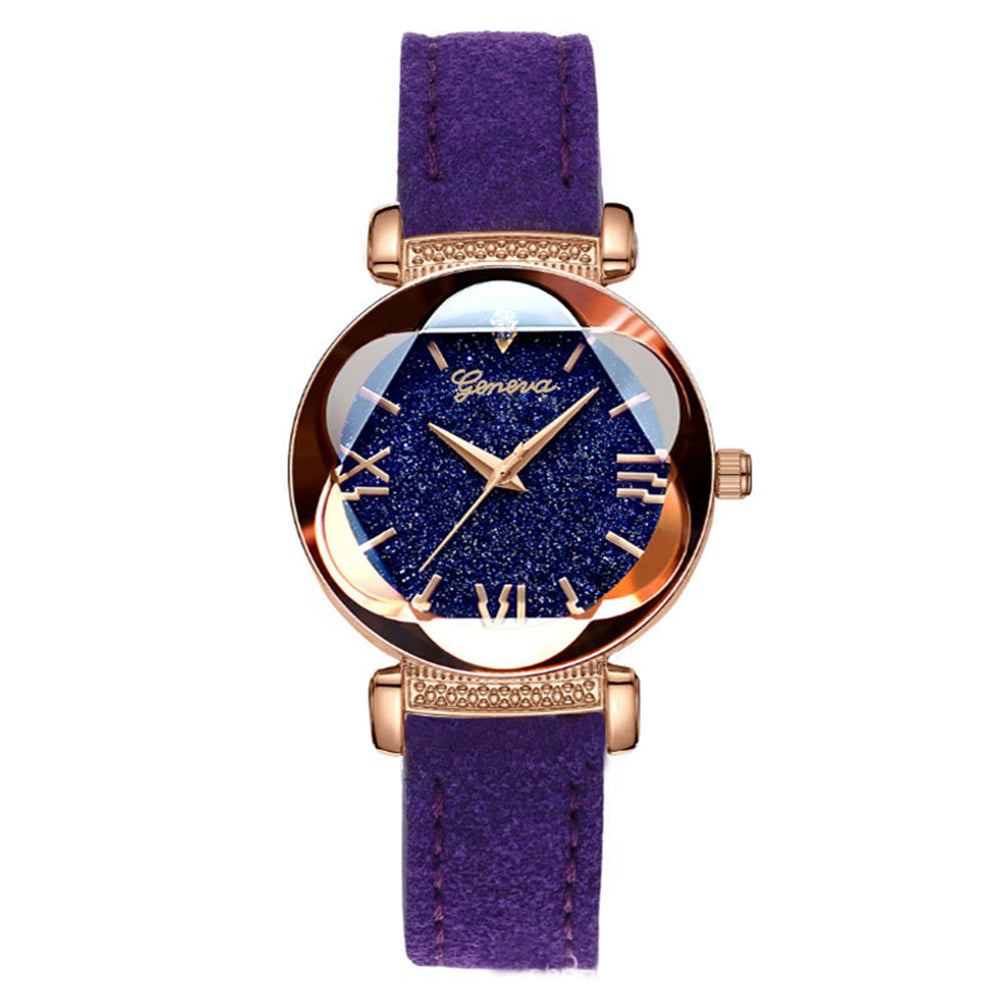 Fashion Women Shiny Round Dial Faux Leather Strap Analog Quartz Wrist Watch