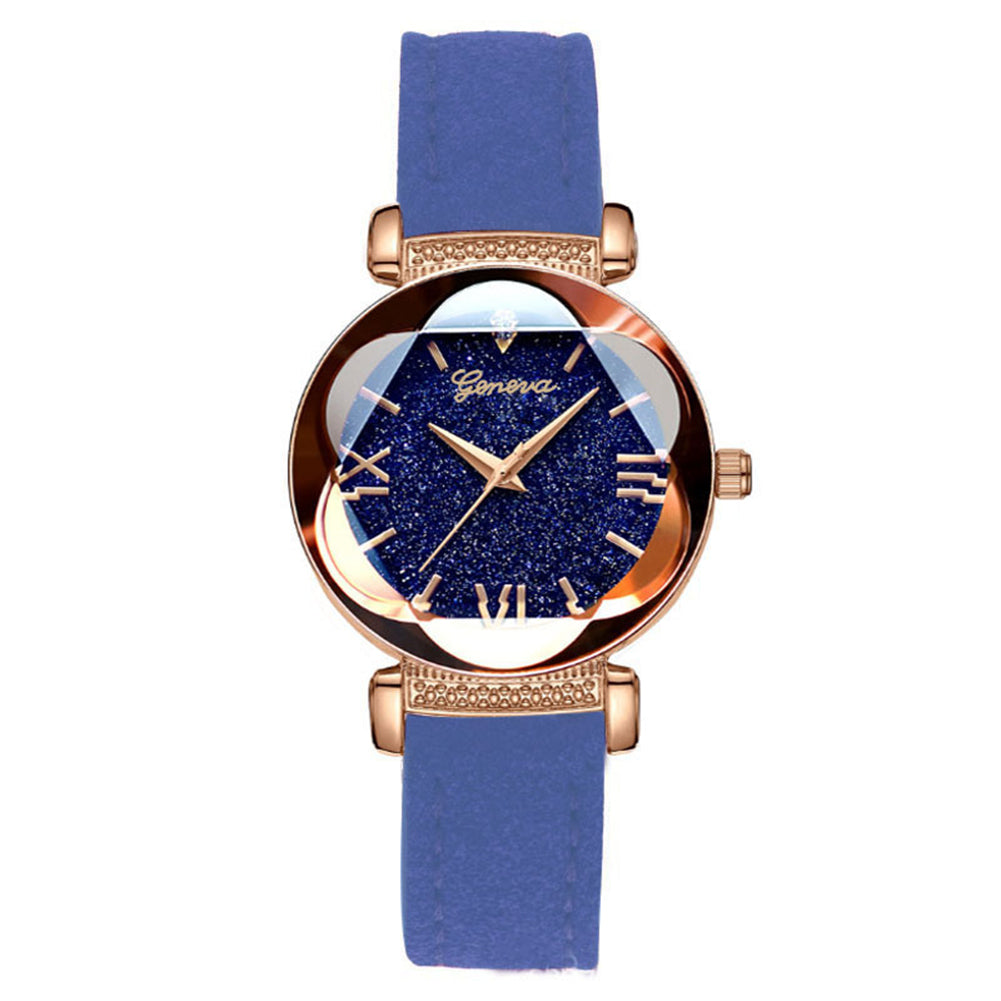 Fashion Women Shiny Round Dial Faux Leather Strap Analog Quartz Wrist Watch
