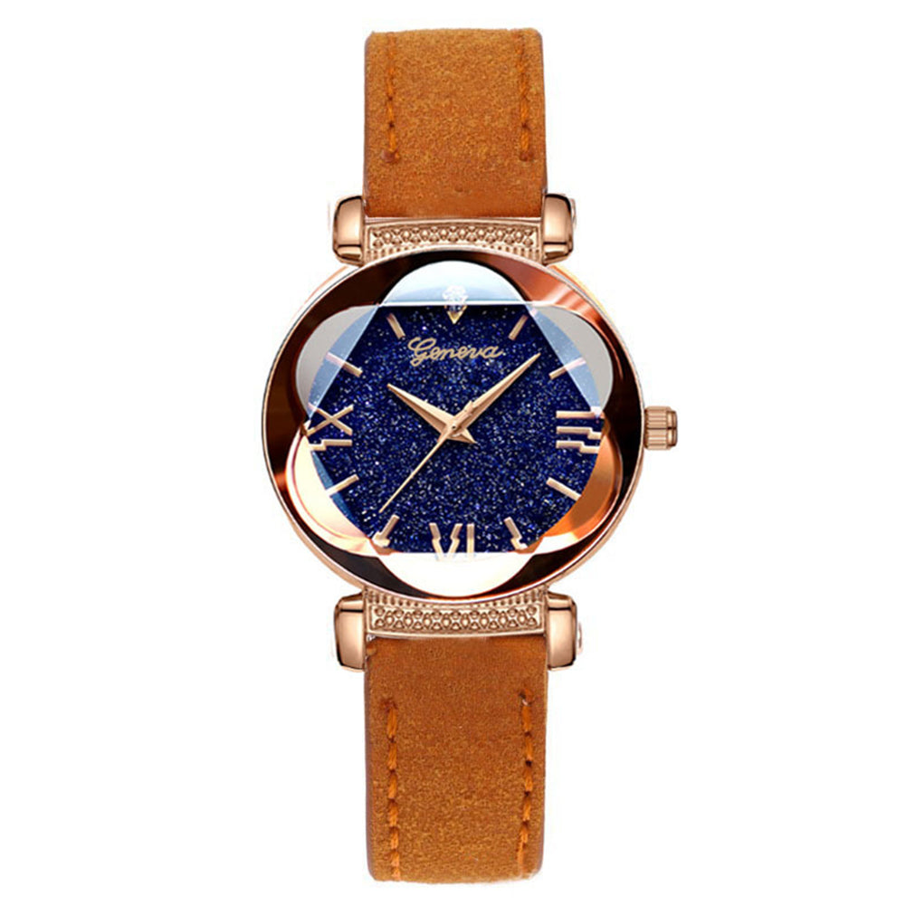 Fashion Women Shiny Round Dial Faux Leather Strap Analog Quartz Wrist Watch