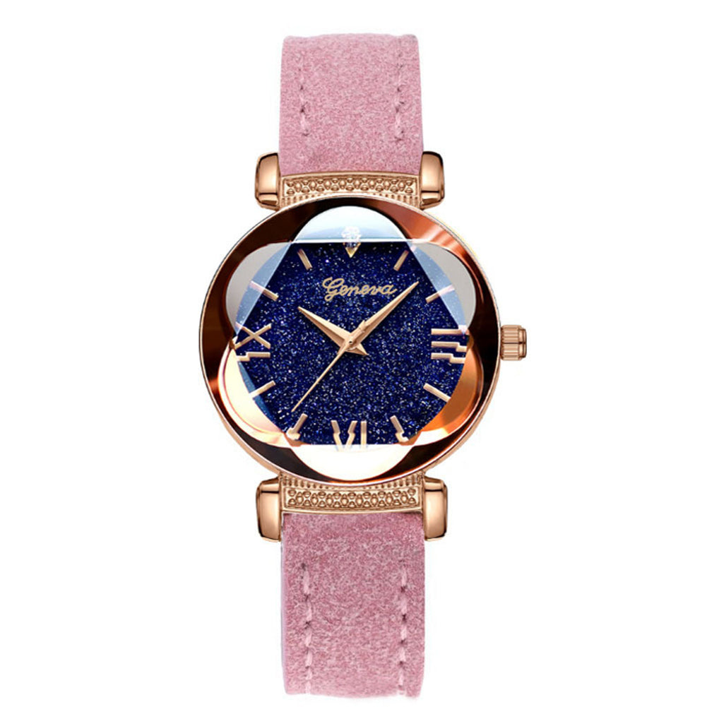 Fashion Women Shiny Round Dial Faux Leather Strap Analog Quartz Wrist Watch