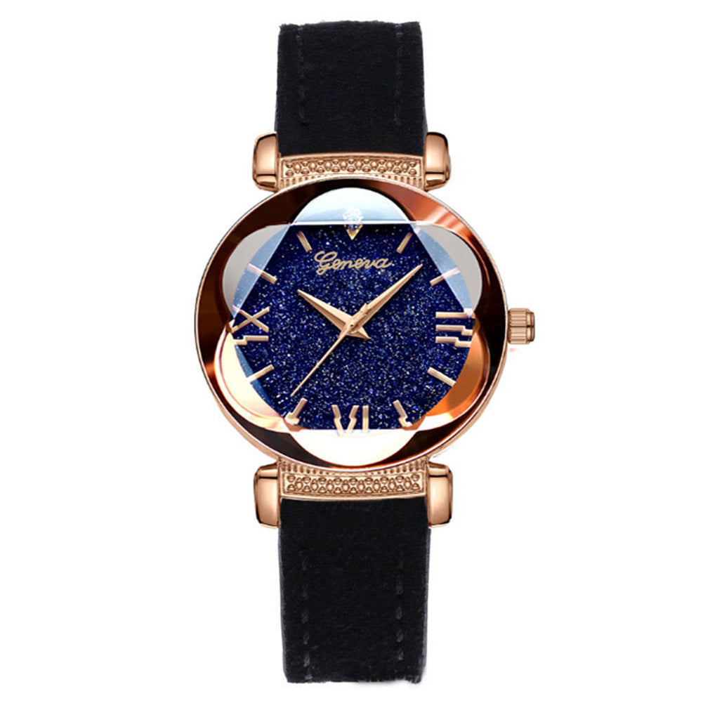 Fashion Women Shiny Round Dial Faux Leather Strap Analog Quartz Wrist Watch