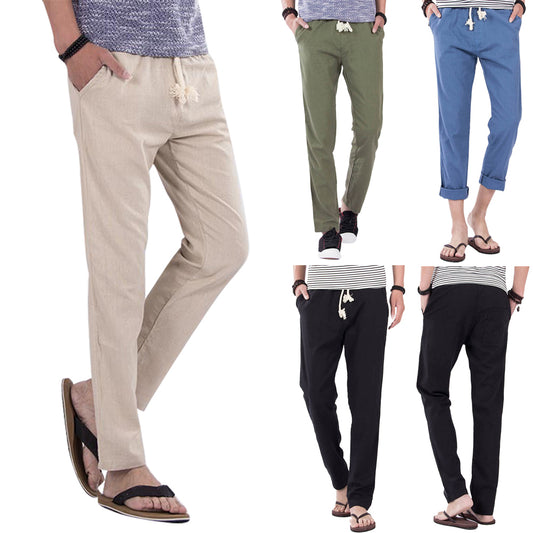 Casual Elastic Waist Drawstring Cotton Linen Trousers Solid Color Men Long Pants