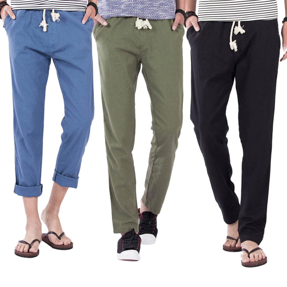 Casual Elastic Waist Drawstring Cotton Linen Trousers Solid Color Men Long Pants