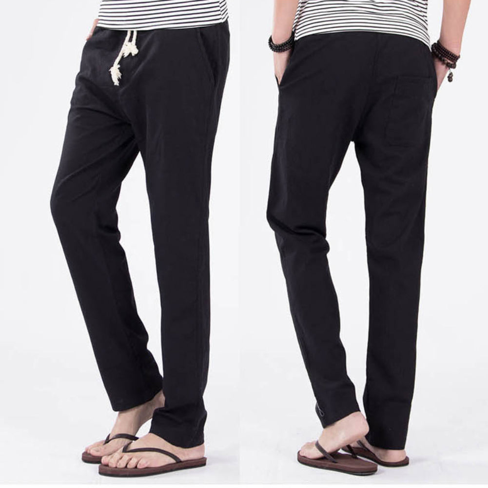 Casual Elastic Waist Drawstring Cotton Linen Trousers Solid Color Men Long Pants