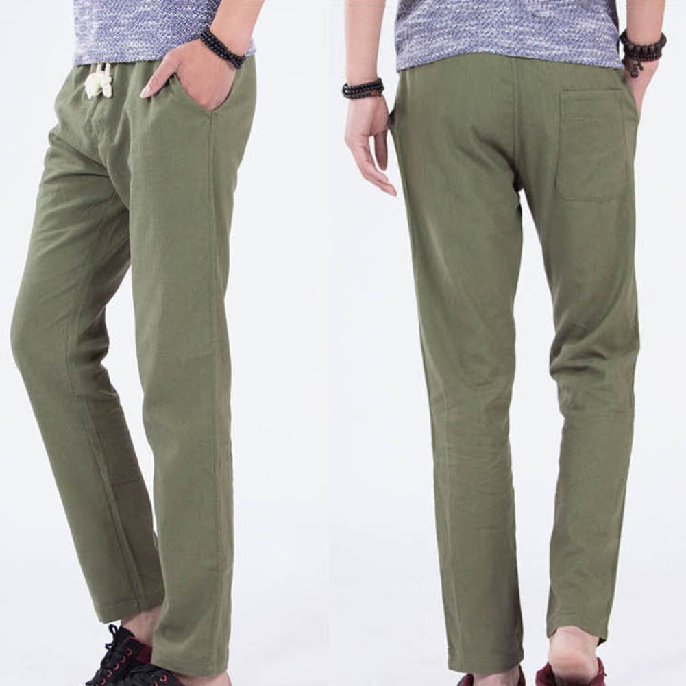 Casual Elastic Waist Drawstring Cotton Linen Trousers Solid Color Men Long Pants