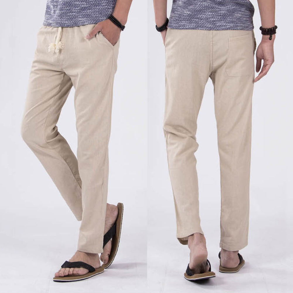 Casual Elastic Waist Drawstring Cotton Linen Trousers Solid Color Men Long Pants