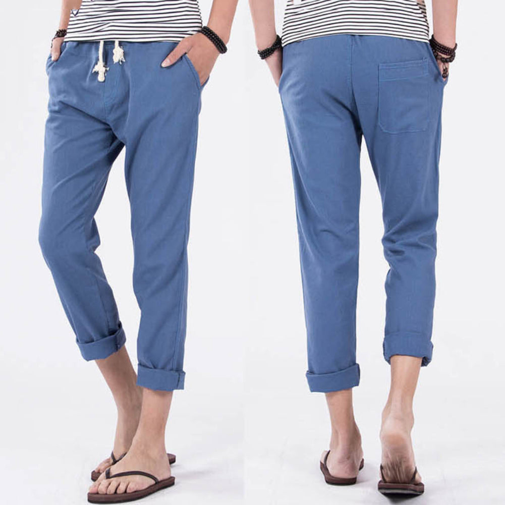 Casual Elastic Waist Drawstring Cotton Linen Trousers Solid Color Men Long Pants