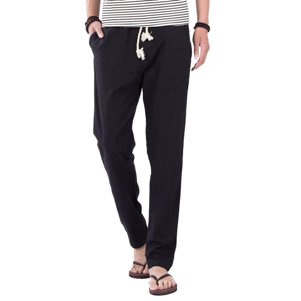 Casual Elastic Waist Drawstring Cotton Linen Trousers Solid Color Men Long Pants