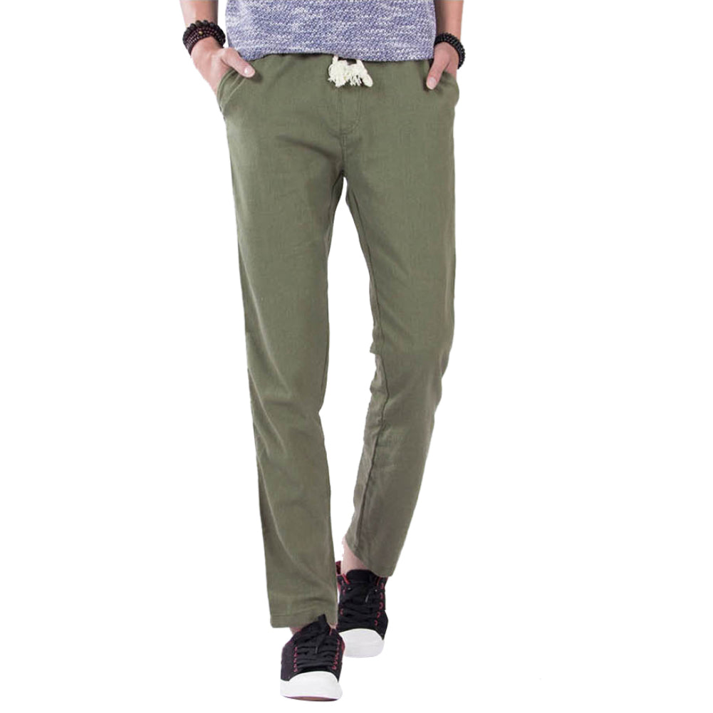 Casual Elastic Waist Drawstring Cotton Linen Trousers Solid Color Men Long Pants