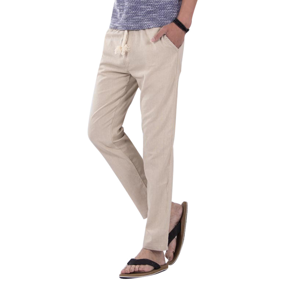 Casual Elastic Waist Drawstring Cotton Linen Trousers Solid Color Men Long Pants