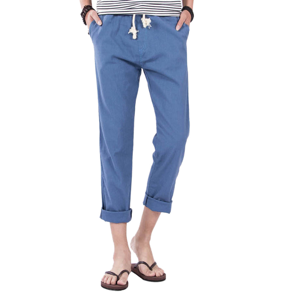 Casual Elastic Waist Drawstring Cotton Linen Trousers Solid Color Men Long Pants