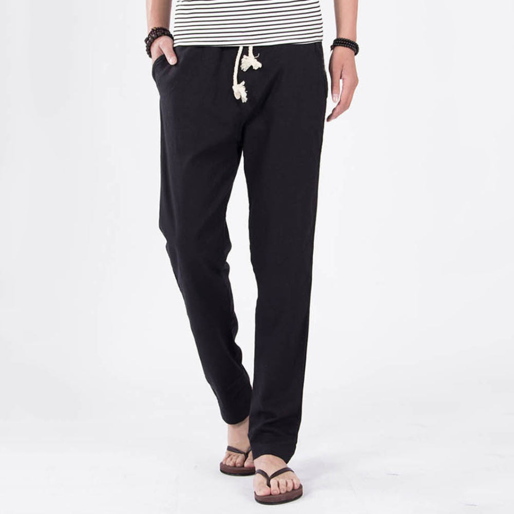 Casual Elastic Waist Drawstring Cotton Linen Trousers Solid Color Men Long Pants