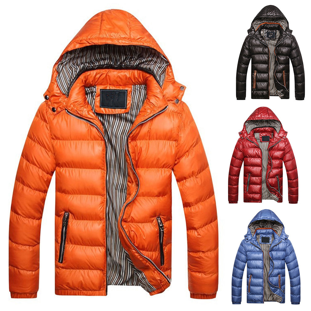 Winter Men Solid Color Down Jacket Slim Fit Hooded Long Sleeve Coat Outwear