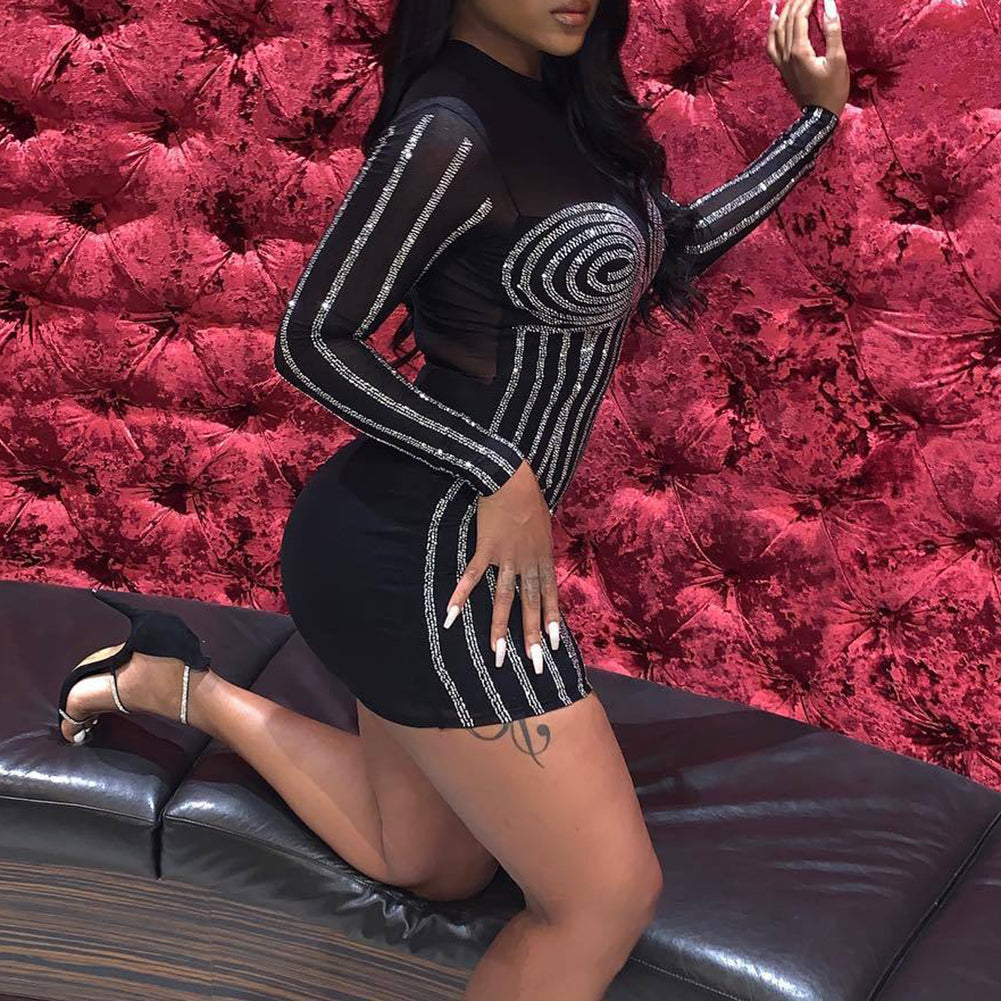 Club Women Sexy See-through Hot Fix Rhinestone Long Sleeve Bodycon Mini Dress