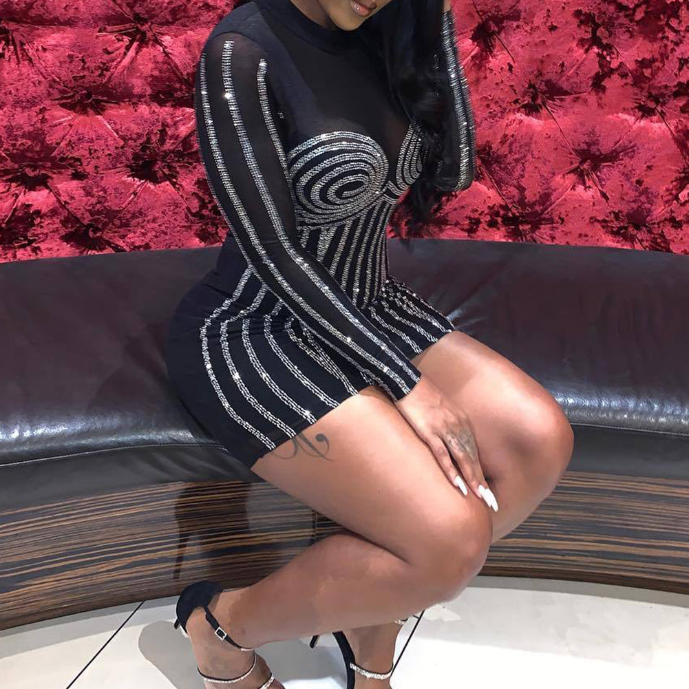 Club Women Sexy See-through Hot Fix Rhinestone Long Sleeve Bodycon Mini Dress