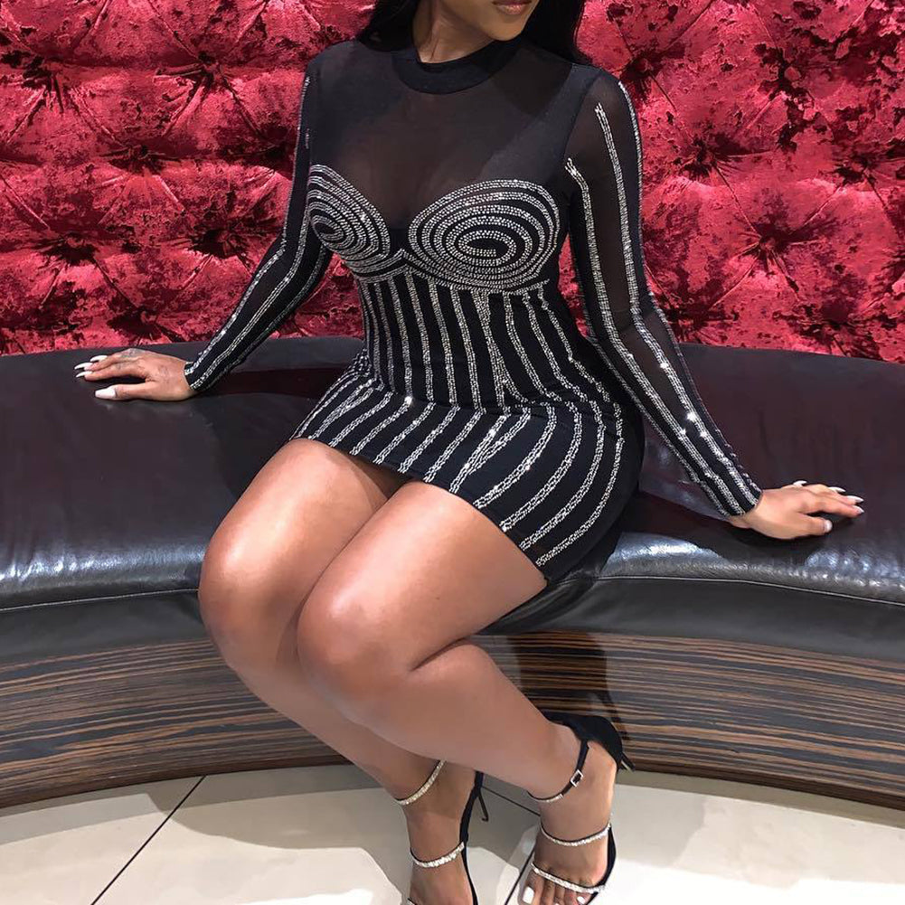 Club Women Sexy See-through Hot Fix Rhinestone Long Sleeve Bodycon Mini Dress