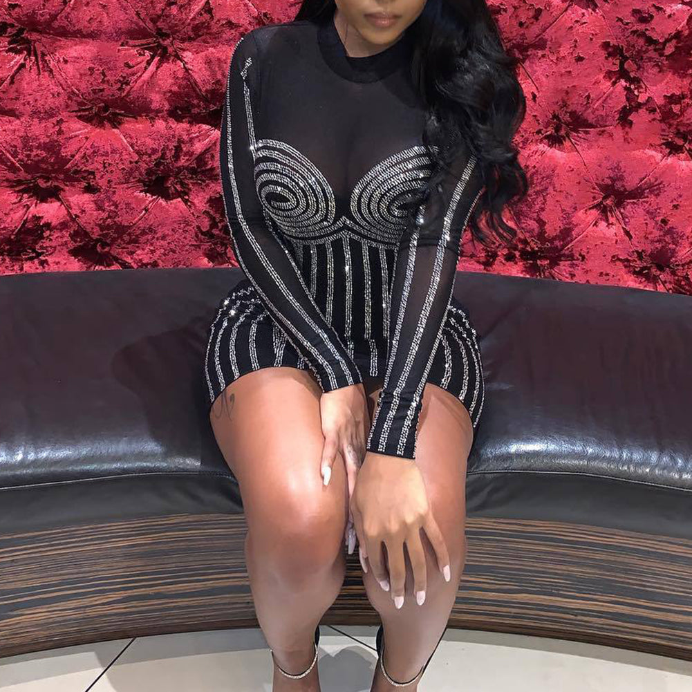 Club Women Sexy See-through Hot Fix Rhinestone Long Sleeve Bodycon Mini Dress