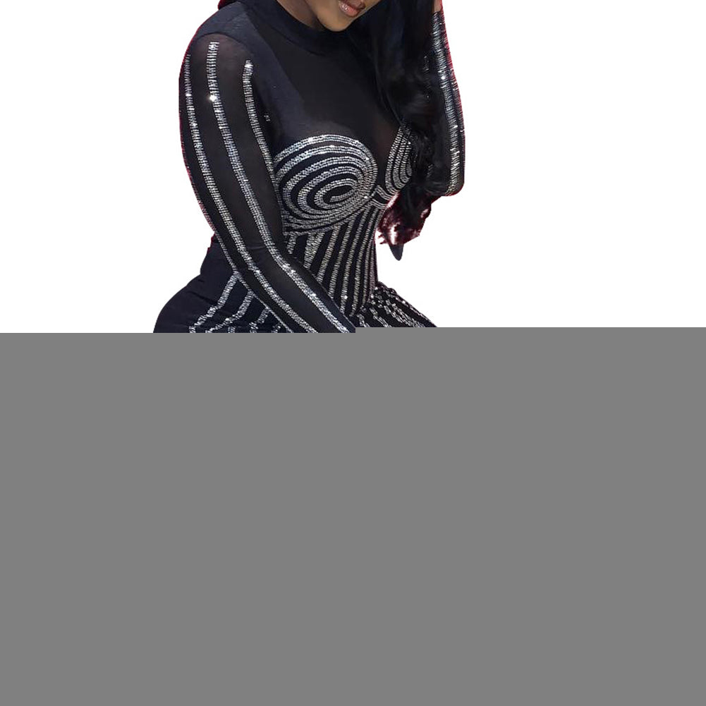 Club Women Sexy See-through Hot Fix Rhinestone Long Sleeve Bodycon Mini Dress