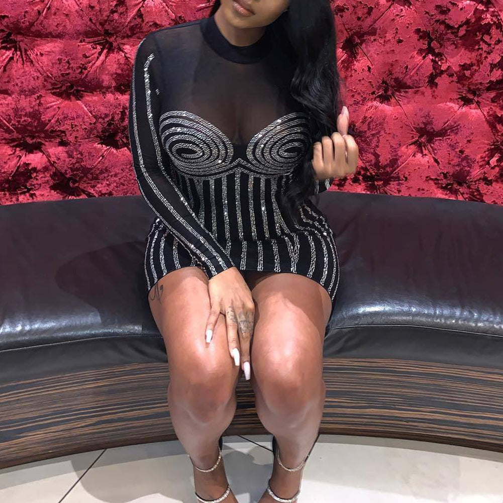 Club Women Sexy See-through Hot Fix Rhinestone Long Sleeve Bodycon Mini Dress