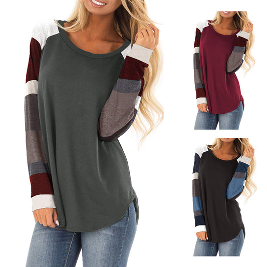 Casual Patchwork Loose Long Sleeve Round Neck Autumn Women Sweatshirt Top Blouse