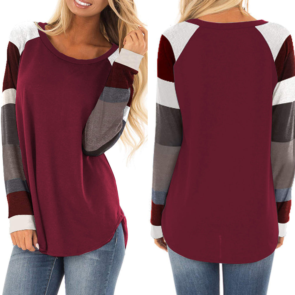 Casual Patchwork Loose Long Sleeve Round Neck Autumn Women Sweatshirt Top Blouse