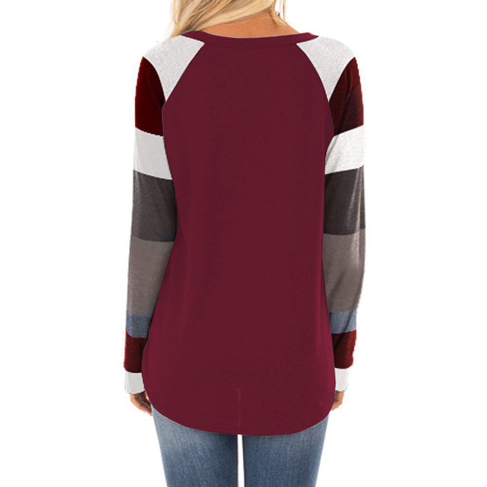 Casual Patchwork Loose Long Sleeve Round Neck Autumn Women Sweatshirt Top Blouse