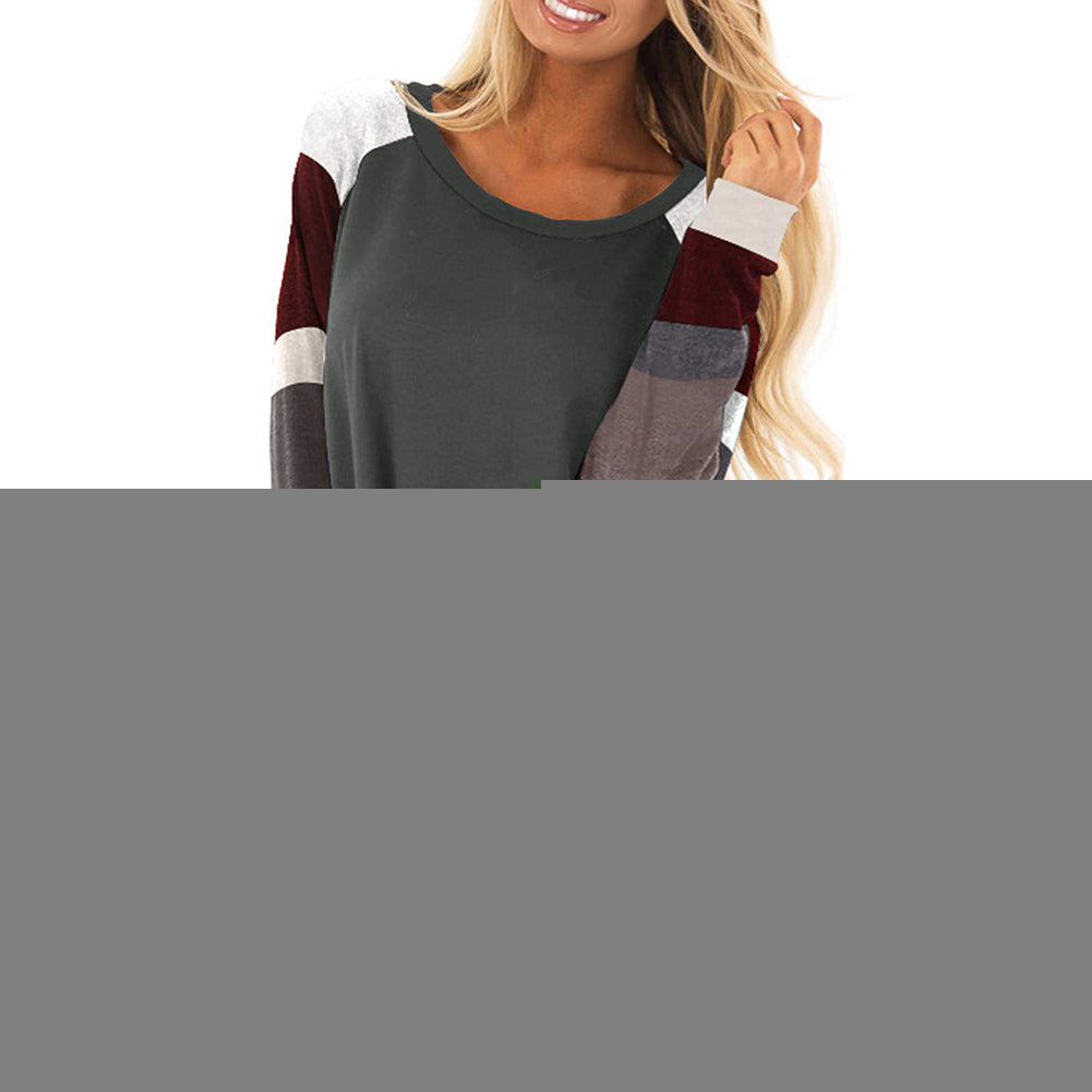 Casual Patchwork Loose Long Sleeve Round Neck Autumn Women Sweatshirt Top Blouse