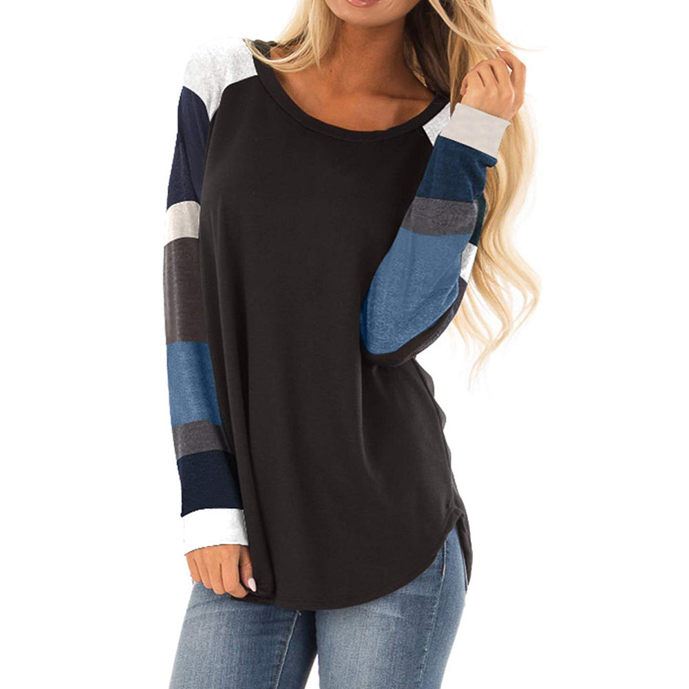 Casual Patchwork Loose Long Sleeve Round Neck Autumn Women Sweatshirt Top Blouse