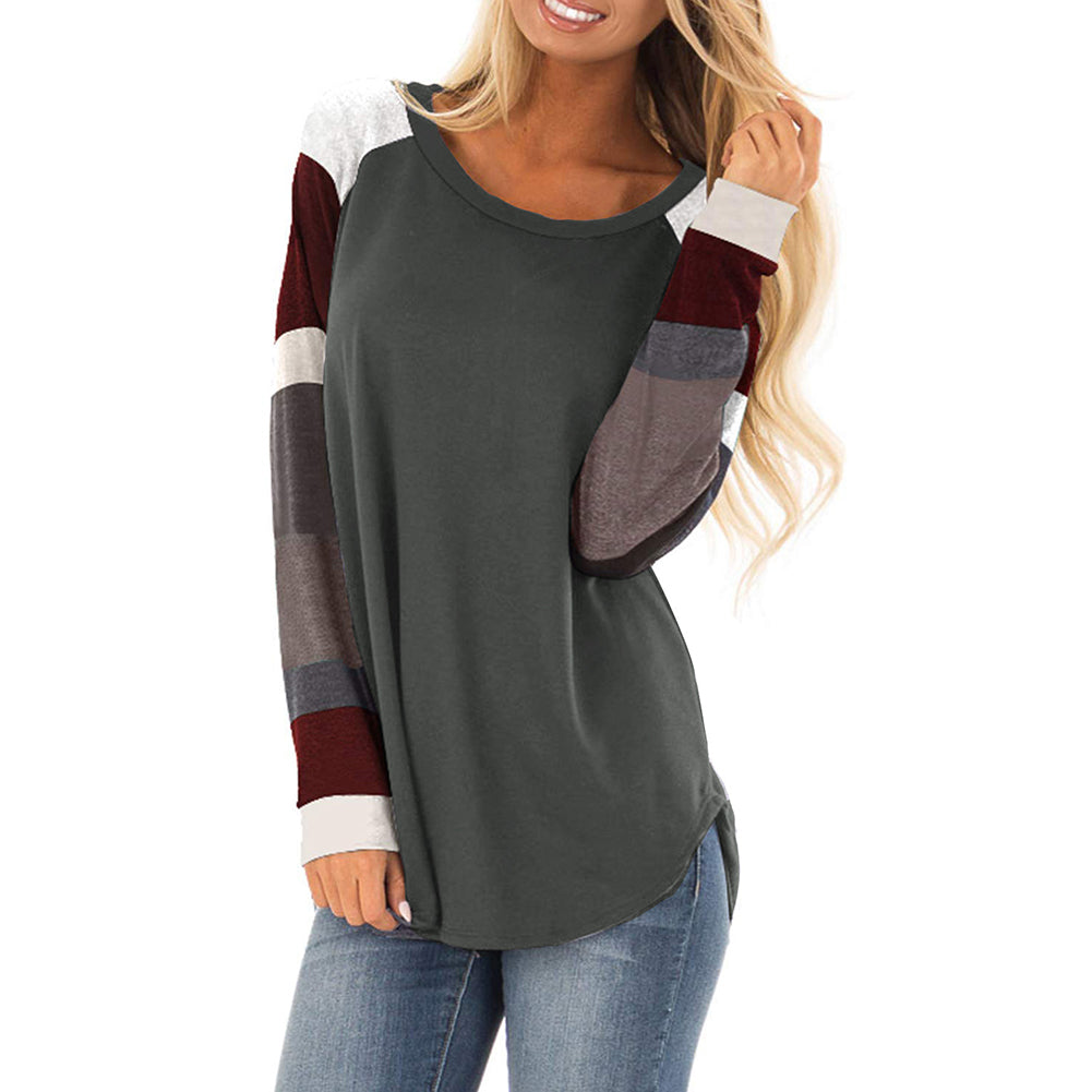 Casual Patchwork Loose Long Sleeve Round Neck Autumn Women Sweatshirt Top Blouse