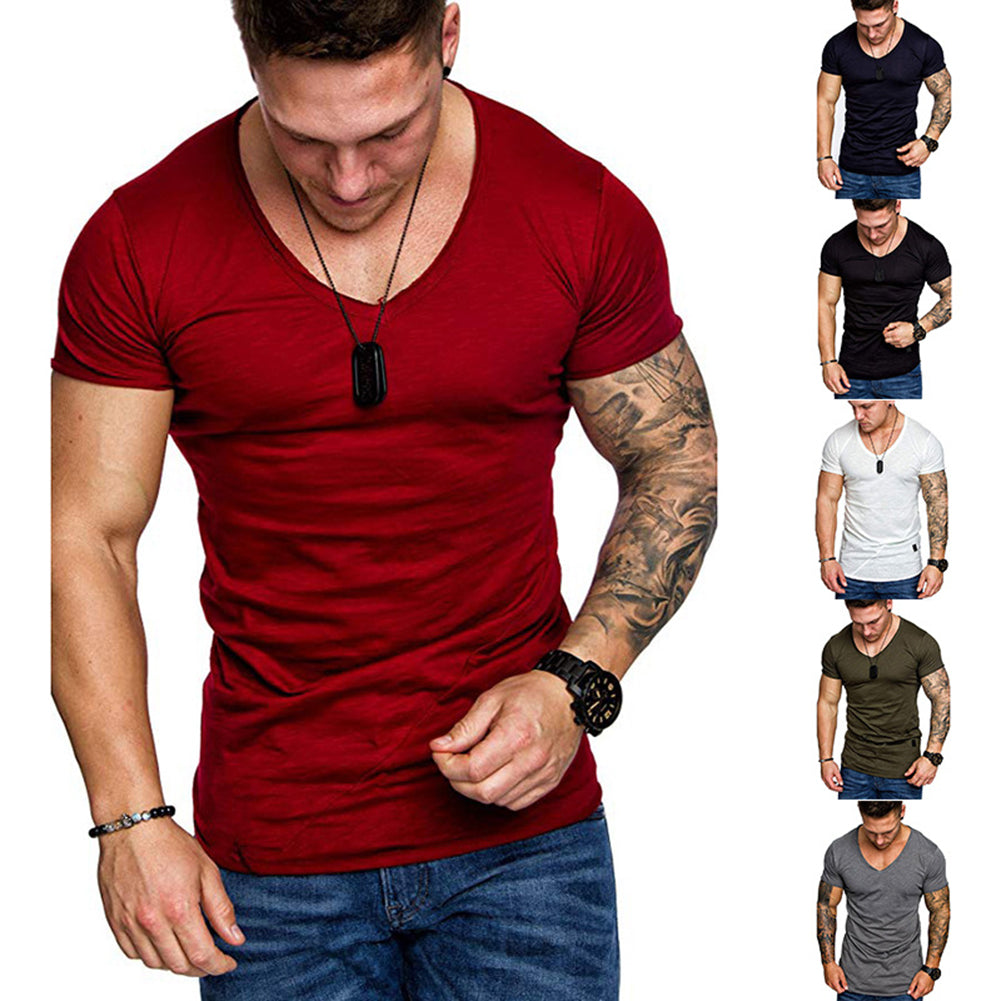 Men's Summer Solid Color Slant Line V Neck Short Sleeve T-Shirt Slim Fit Top