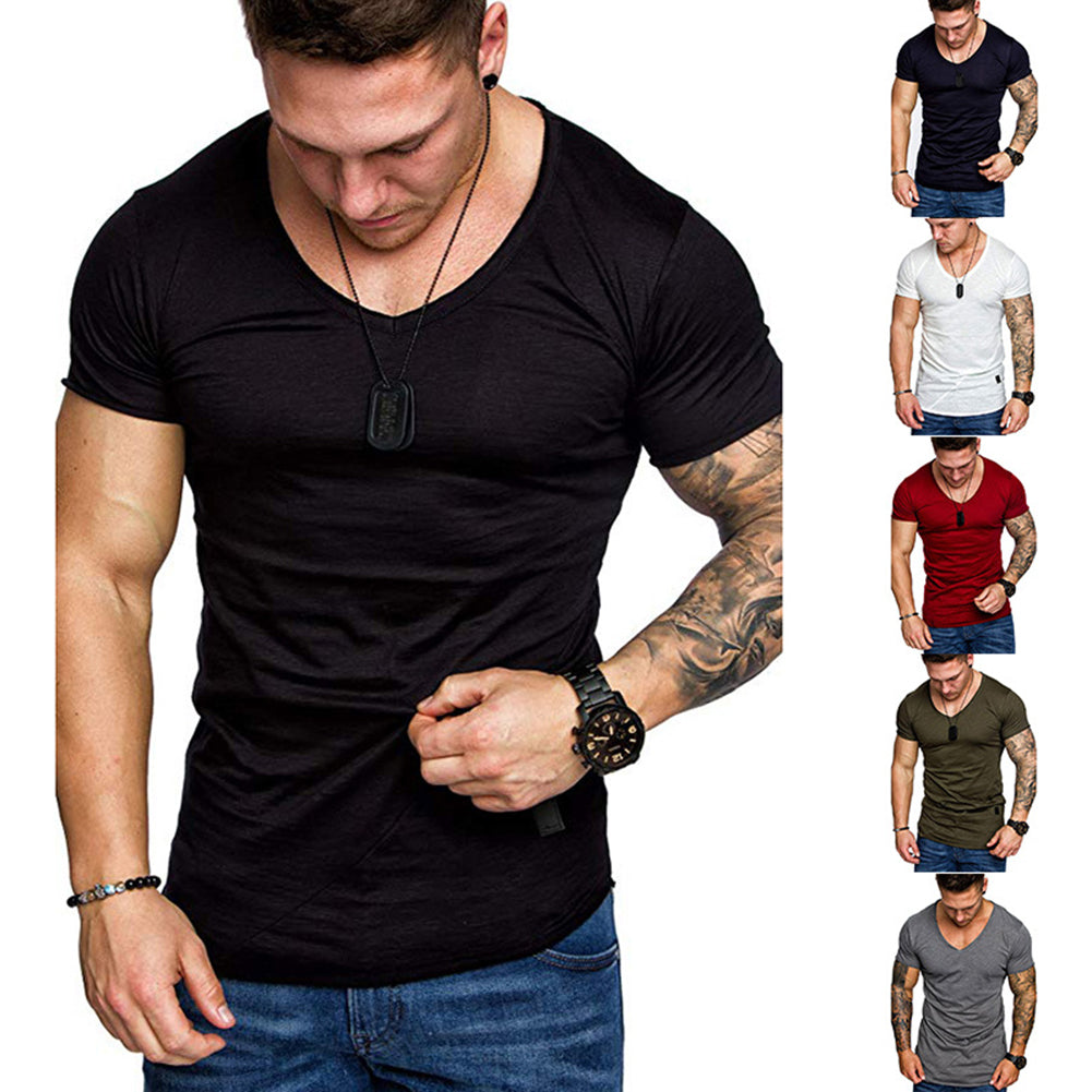 Men's Summer Solid Color Slant Line V Neck Short Sleeve T-Shirt Slim Fit Top