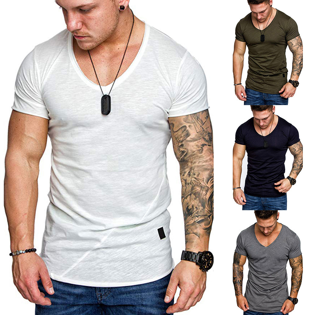 Men's Summer Solid Color Slant Line V Neck Short Sleeve T-Shirt Slim Fit Top