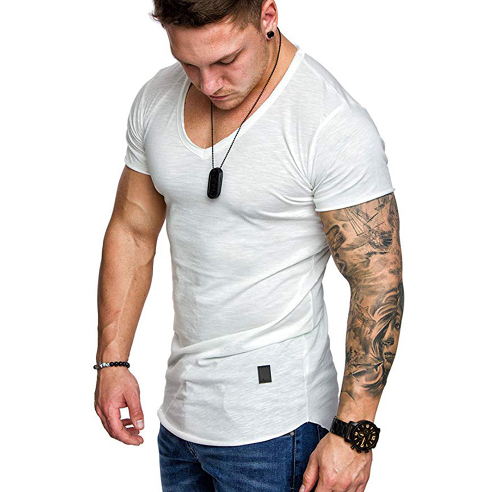 Men's Summer Solid Color Slant Line V Neck Short Sleeve T-Shirt Slim Fit Top