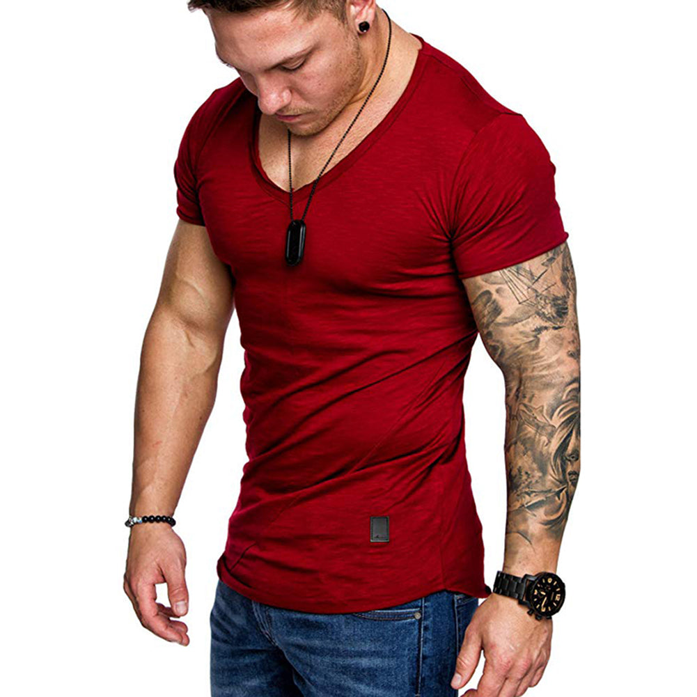 Men's Summer Solid Color Slant Line V Neck Short Sleeve T-Shirt Slim Fit Top