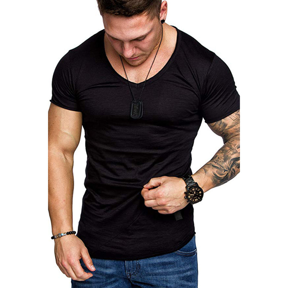 Men's Summer Solid Color Slant Line V Neck Short Sleeve T-Shirt Slim Fit Top
