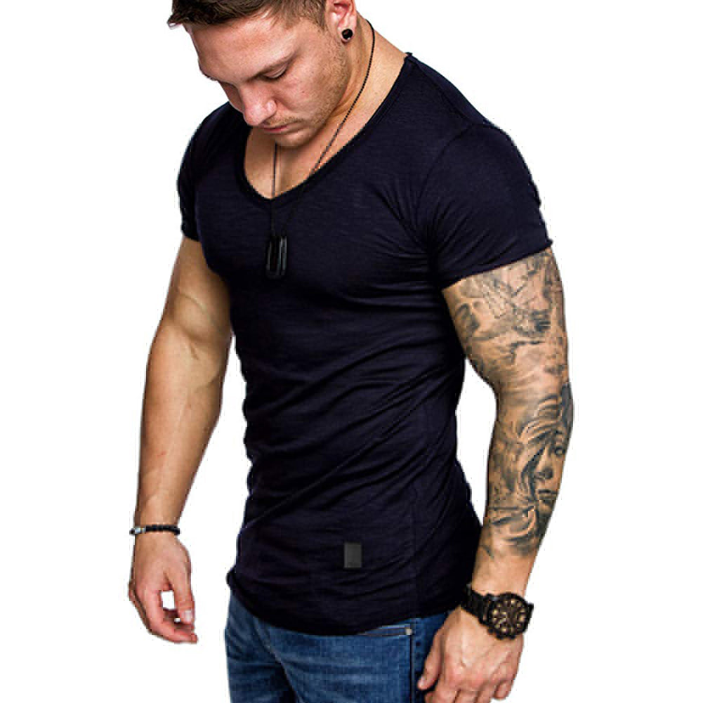 Men's Summer Solid Color Slant Line V Neck Short Sleeve T-Shirt Slim Fit Top