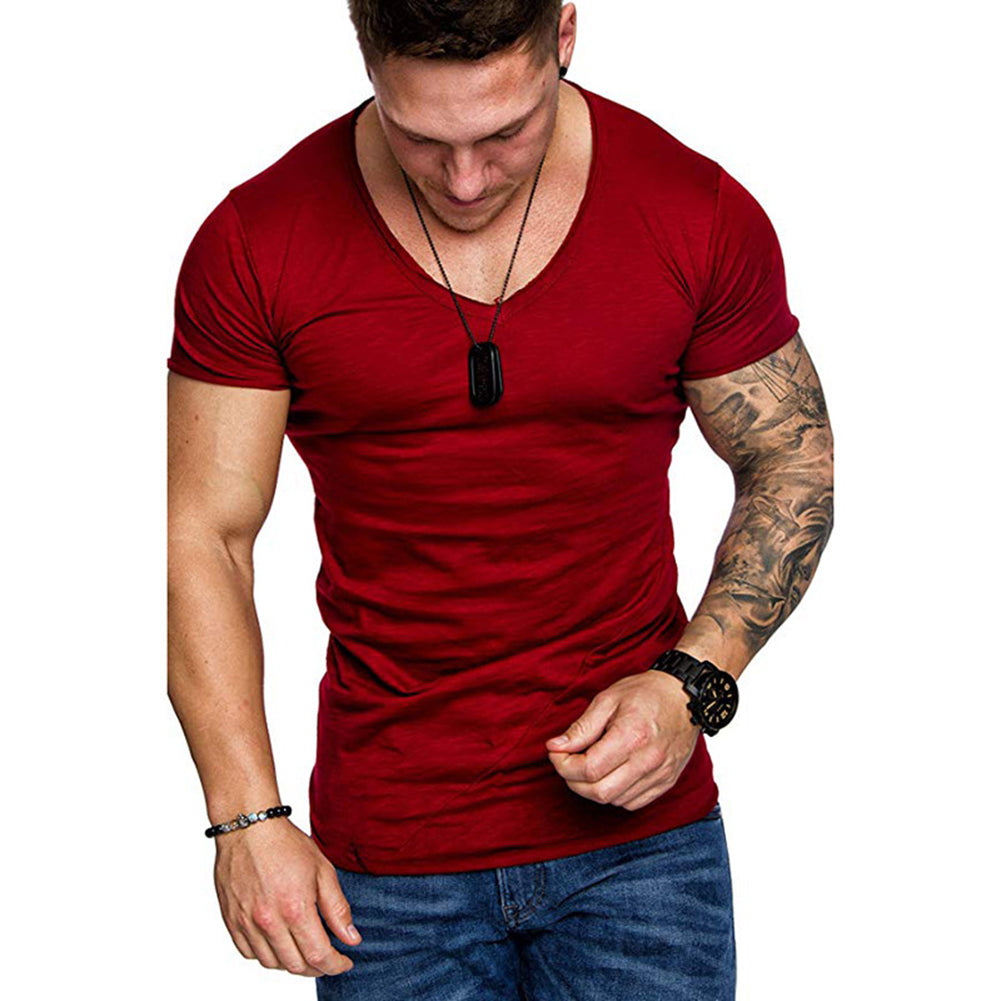 Men's Summer Solid Color Slant Line V Neck Short Sleeve T-Shirt Slim Fit Top