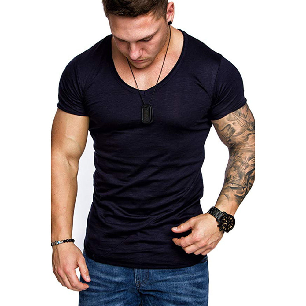Men's Summer Solid Color Slant Line V Neck Short Sleeve T-Shirt Slim Fit Top