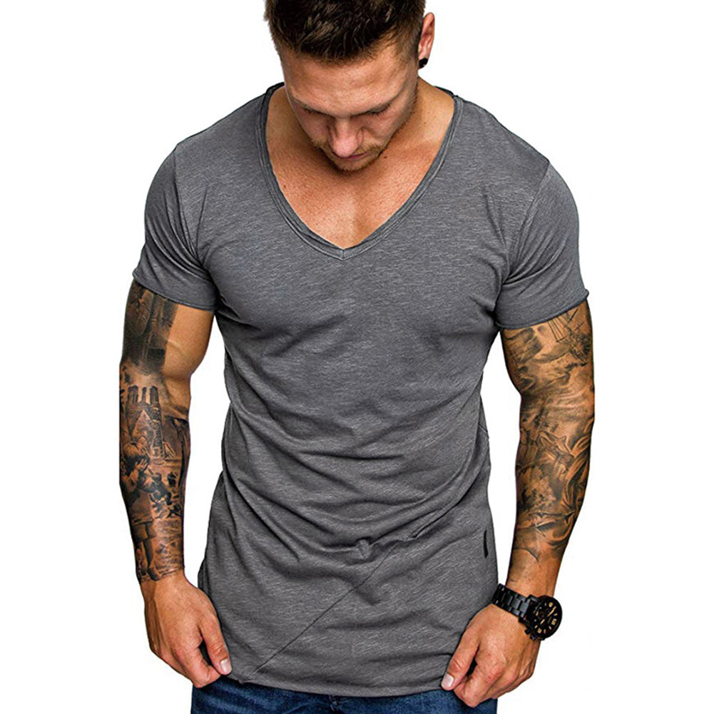 Men's Summer Solid Color Slant Line V Neck Short Sleeve T-Shirt Slim Fit Top