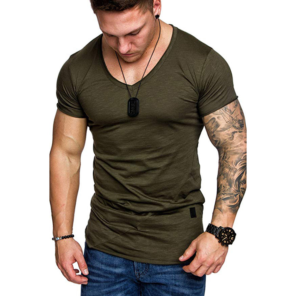 Men's Summer Solid Color Slant Line V Neck Short Sleeve T-Shirt Slim Fit Top