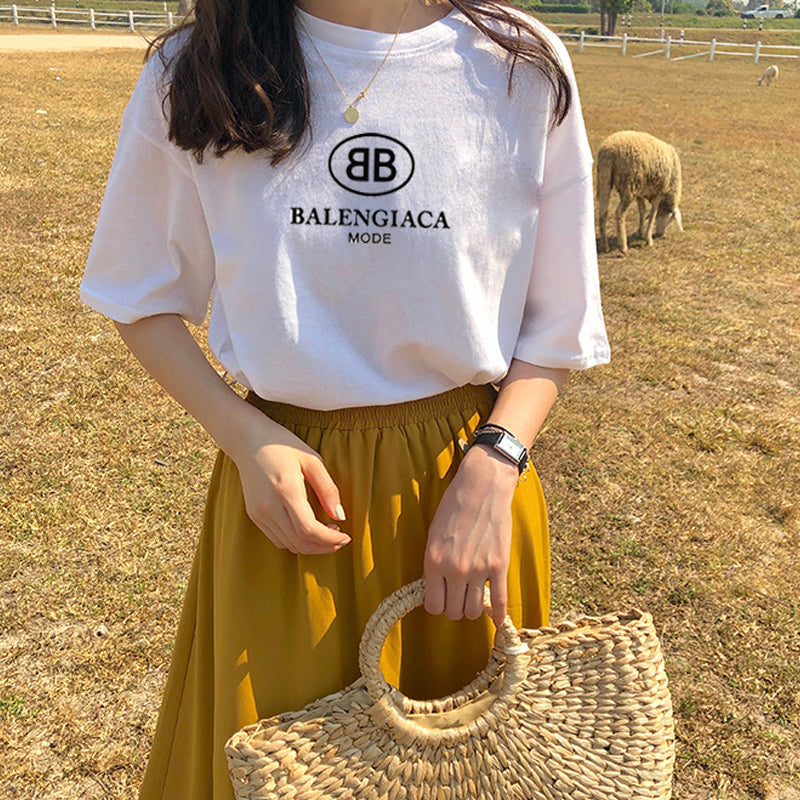 Pure cotton neckline printed letters simple loose version short-sleeved T-shirt