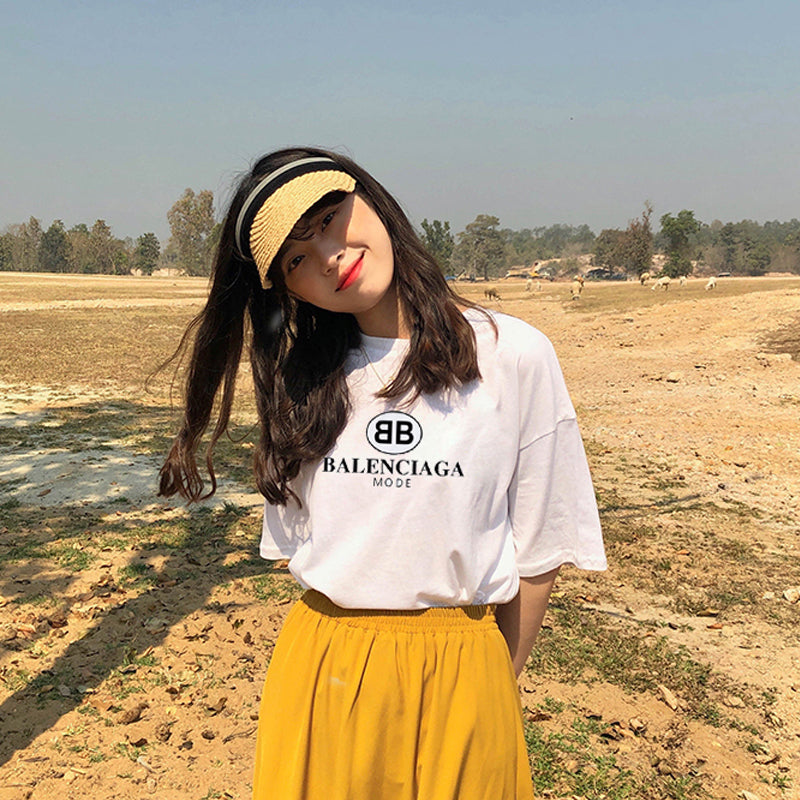 Pure cotton neckline printed letters simple loose version short-sleeved T-shirt