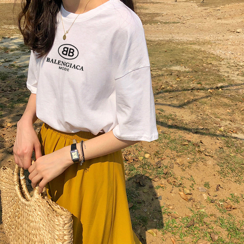 Pure cotton neckline printed letters simple loose version short-sleeved T-shirt