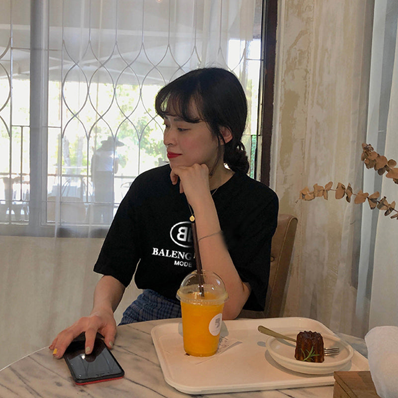 Pure cotton neckline printed letters simple loose version short-sleeved T-shirt