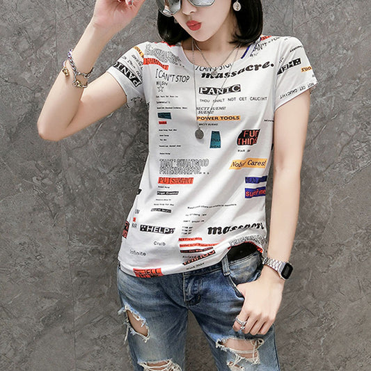 Cotton printed letter Slim short-sleeved T-shirt blouse