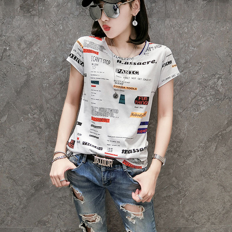 Cotton printed letter Slim short-sleeved T-shirt blouse