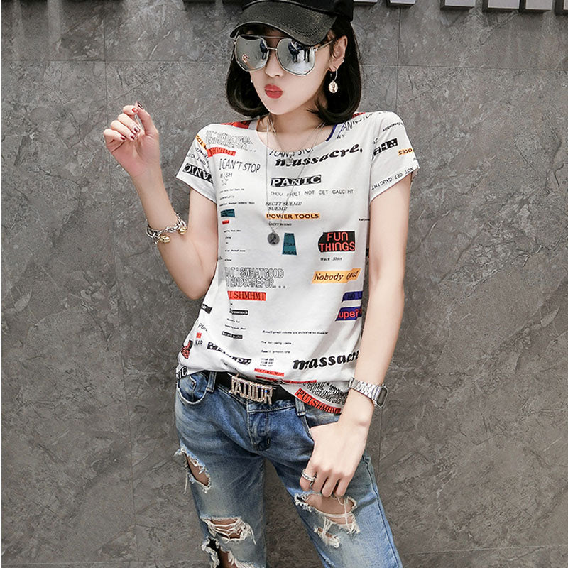 Cotton printed letter Slim short-sleeved T-shirt blouse