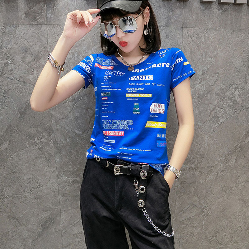 Cotton printed letter Slim short-sleeved T-shirt blouse